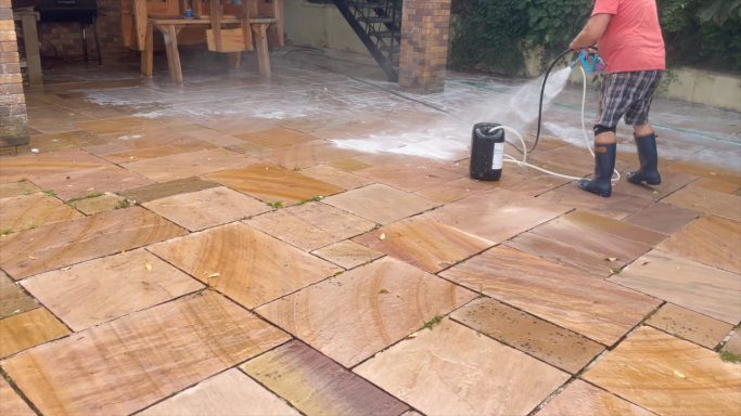 Indian Sandstone Patio Preparation Indian sandstone patio chemical cleaning and preparation in Cardiff