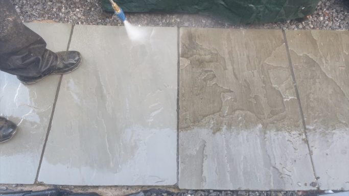 Sandstone Patio Cleaning Before and After Before and after sandstone patio cleaning in Cardiff